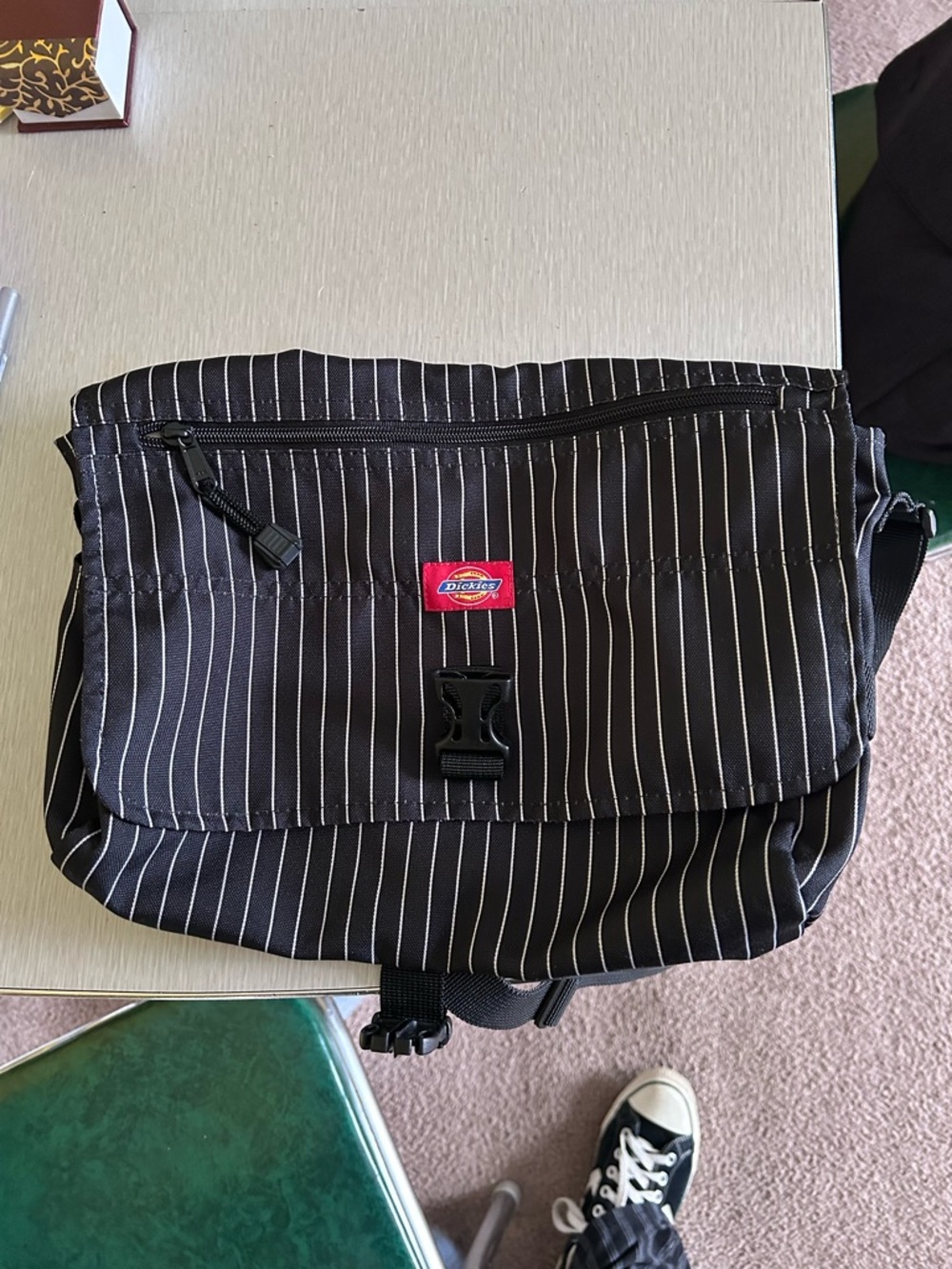 Dickies Black Pinstripe Messenger Crossbody Bag with Red Logo